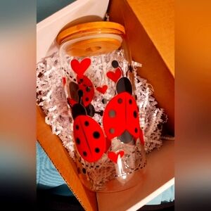 Ladybug themed glass can cup
